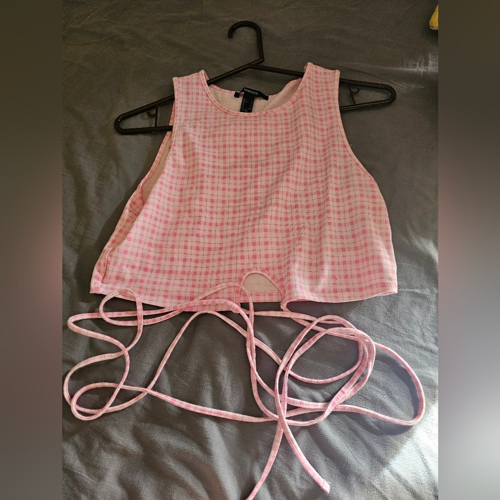 Pink Checkered Crop Top With Waist Tie Large F21